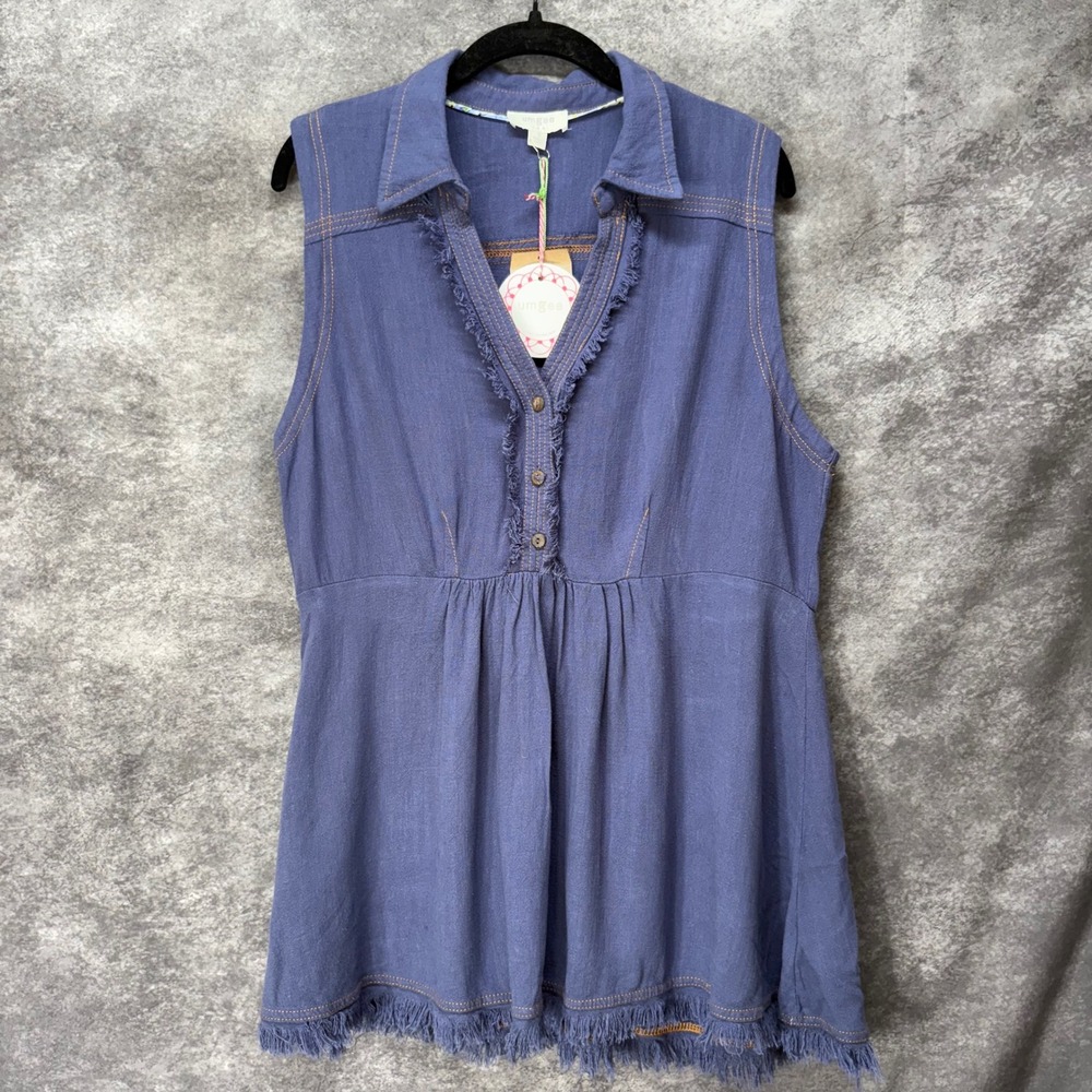 Umgee Babydoll Tunic‎ Top Womens S Indigo Linen Sleeveless Henley Peplem Fringe